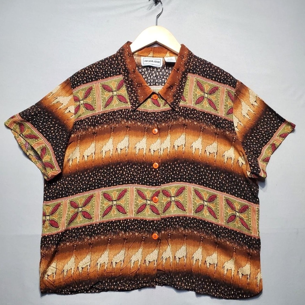 VTG California Krush Rayon Giraffe Safari Shirt Women XL Brown Indie Sleaze Boho